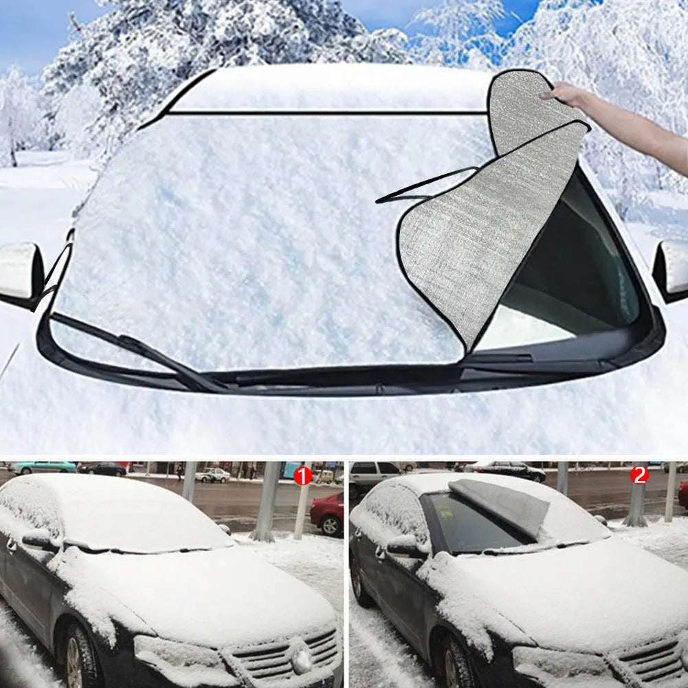 Car front gear snow protection cover showing aluminium film material and lanyard ties for windscreen.