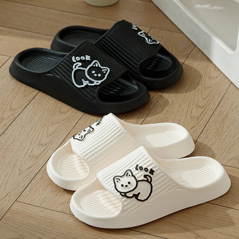 Women's green EVA flip-flop slippers with cute cat design and thick platform sole.