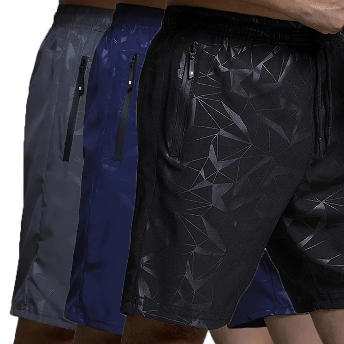 Man wearing loose grey polyester sports shorts, showing athletic loose fit and casual style.