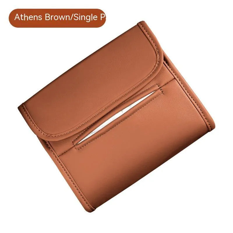 Leather car tissue box with elastic band mounting for sun visor or armrest