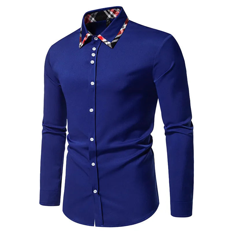 Blue, black, and white men's plaid long sleeve shirt with a triangle collar on a hanger.