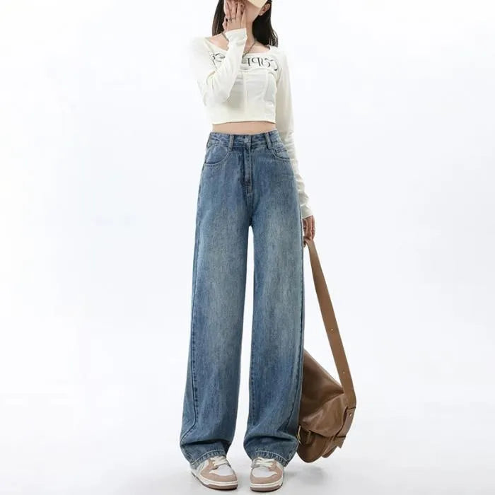 Retro blue high waist wide leg jeans for women with straight cut and stretch denim