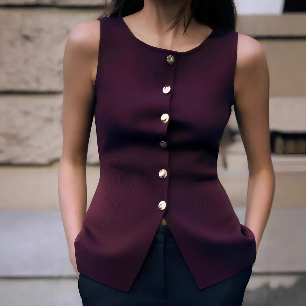 Women's dark red slim fit sweater vest with gold buttons and textured pattern.