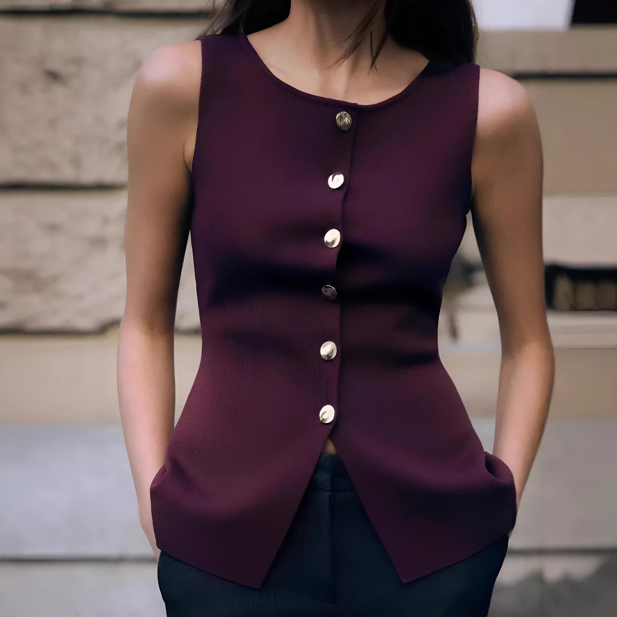 Women's dark red slim fit sweater vest with gold buttons and textured pattern.