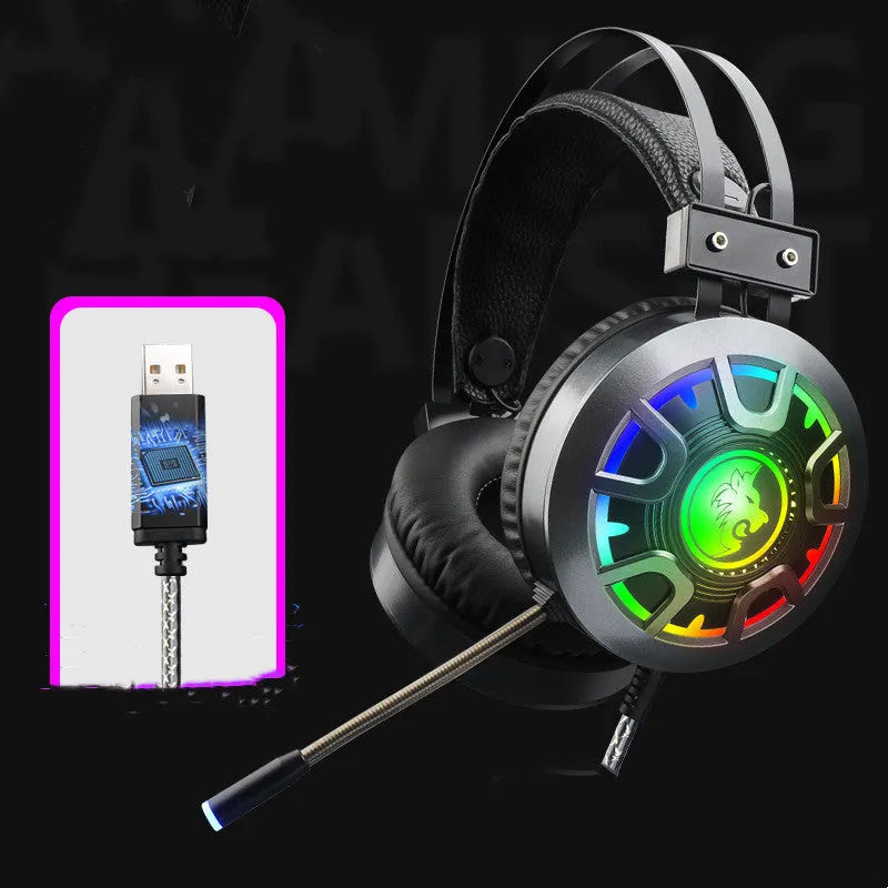 M5 gaming headset with RGB luminous design, black and silver style, over-ear wired headset with leather cushions