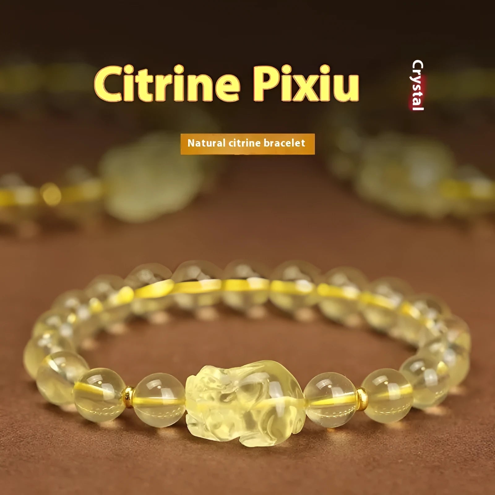 Yellow leather bracelet with a Pi Xiu charm and artificial crystal beads in national style.