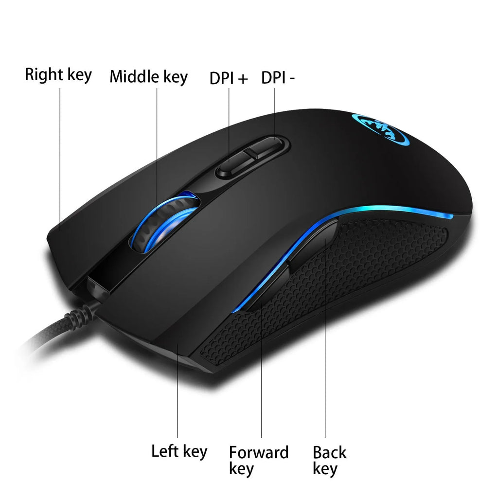 White and black wired USB gaming keyboard and mouse suit with colour backlighting on a desk.