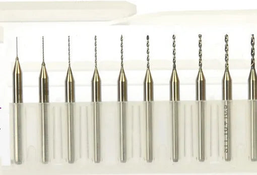 Set of imported tungsten steel micro engraving bits ranging from 0.10mm to 2.00mm in diameter.