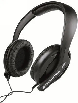 Black wired head-mounted monitor headphones with attached microphone and 3.5mm plug on white background