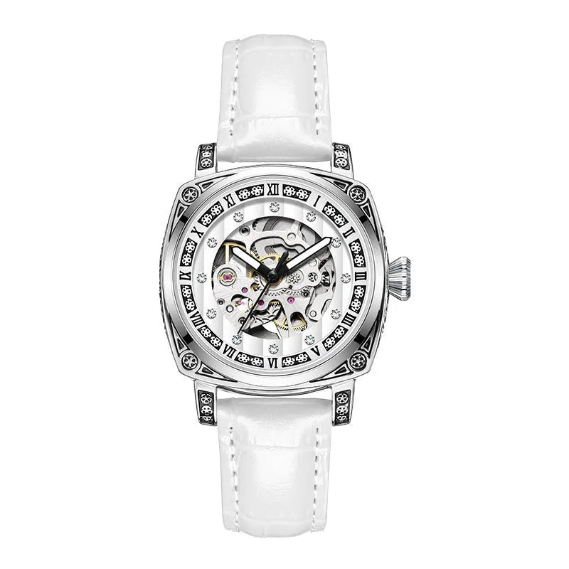 Men's mechanical leather strap watch with luminous hands showing black, red, steel, and white colour options