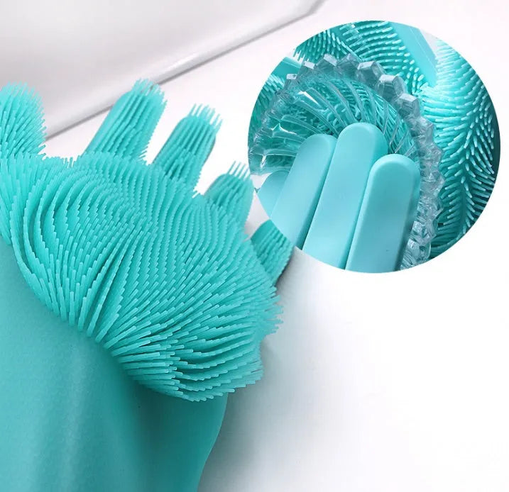 Silicone heat-resistant cleaning brush scrubbing gloves in blue with built-in sponge, non-slip, 357x165mm