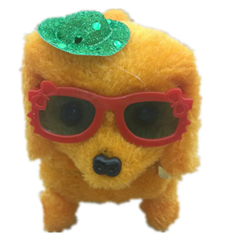 Electric musical plush dog in purple with walking rope and musical notes, 13x7x14cm