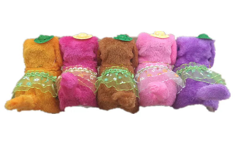 Electric musical plush dog in purple with walking rope and musical notes, 13x7x14cm