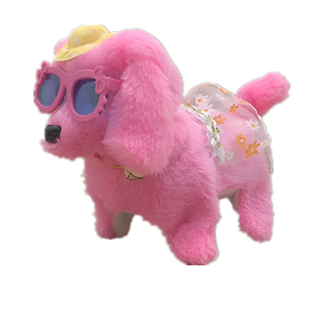 Electric musical plush dog in purple with walking rope and musical notes, 13x7x14cm
