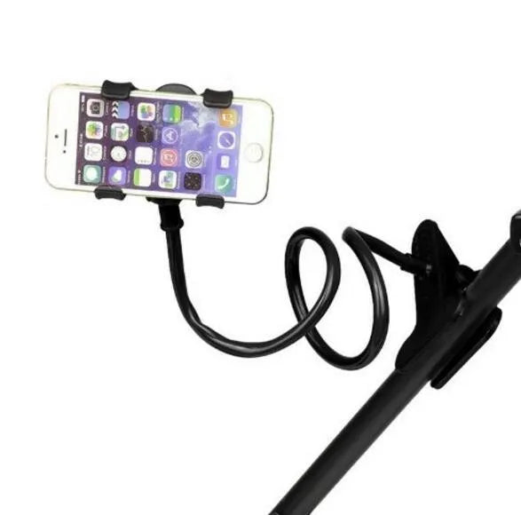Black flexible long arm phone holder clipped to bed frame with smartphone mounted at adjustable angle