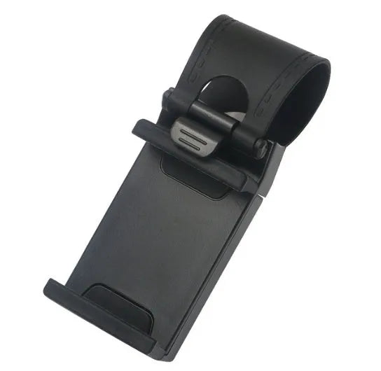 Black universal car steering wheel clip mount holder with smartphone for GPS navigation