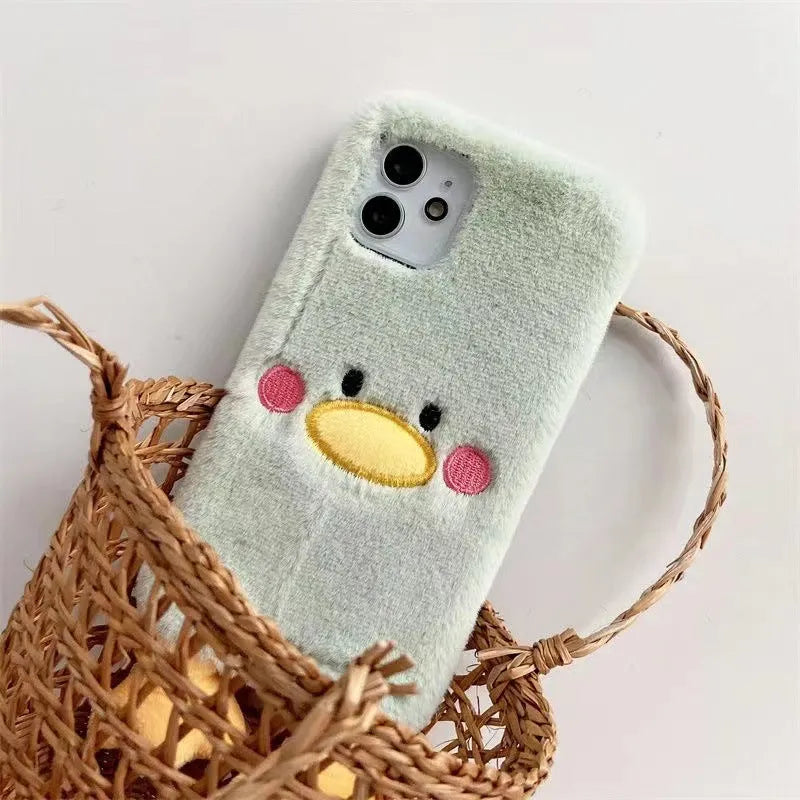 Plush TPU duck phone case for Apple iPhone 15 Pro in satchel duck design with Japanese and Korean style back cover