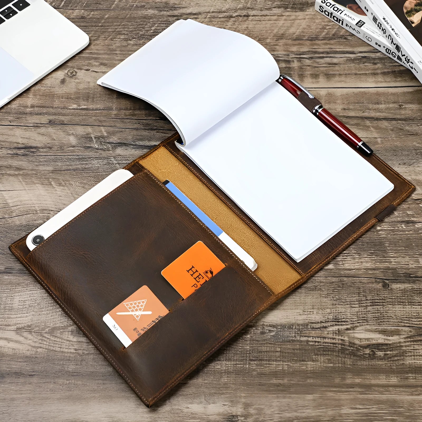 Brown Crazy Horse leather A5 notebook protective sleeve with socket-type closure