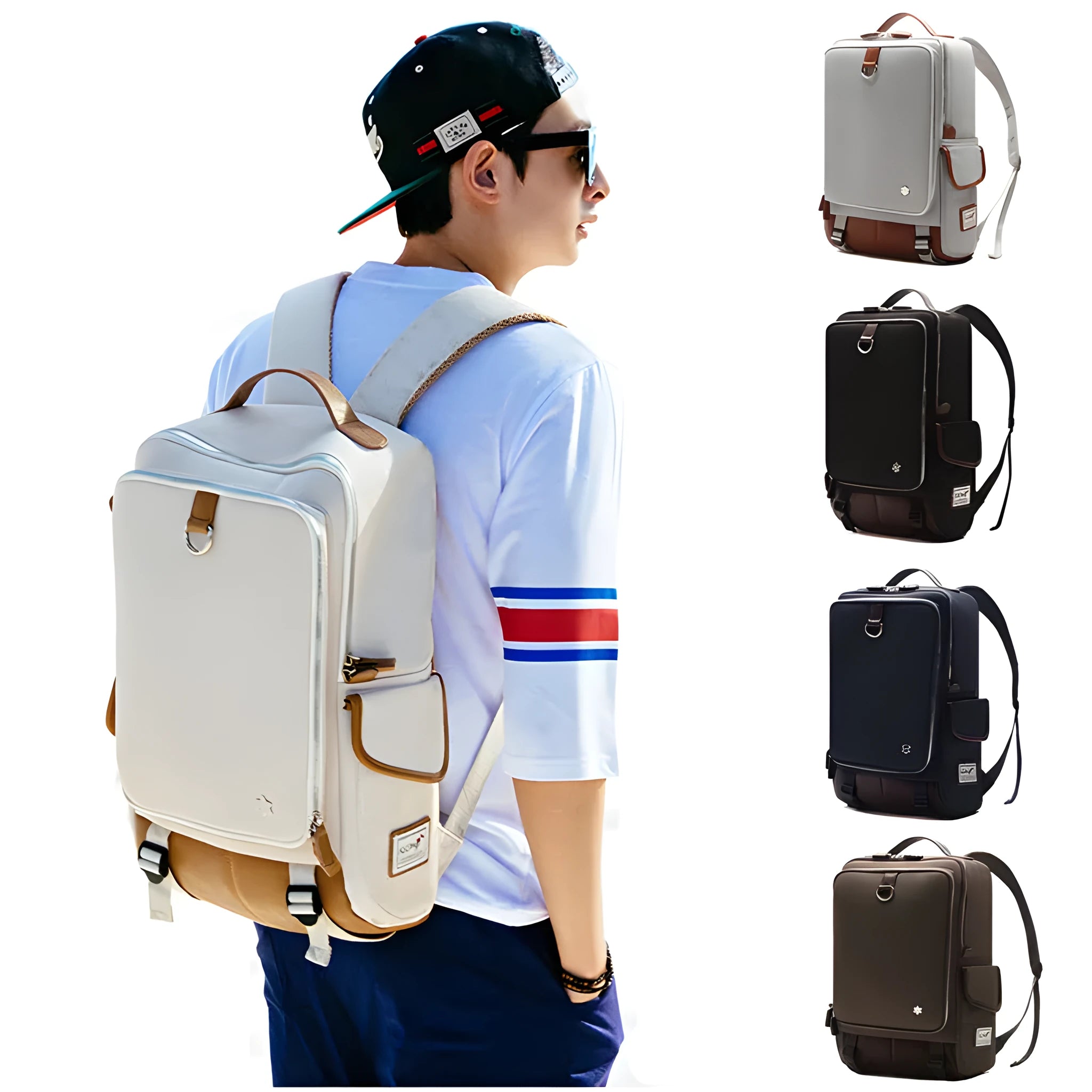 Men's modern Oxford cloth backpack in army green colour, showing its large 30x16x46cm capacity and Korean-style design.