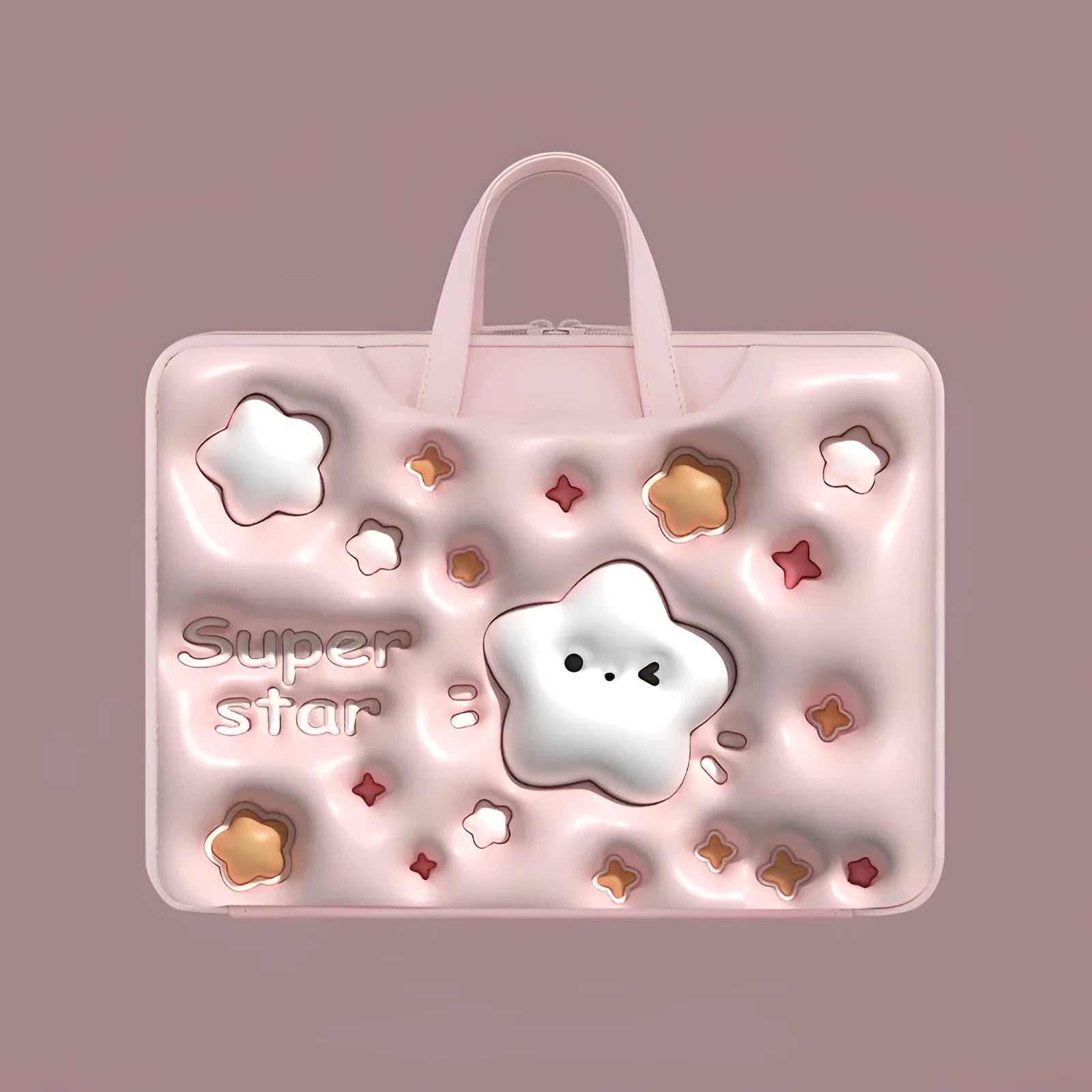 Inflatable laptop bag with PU leather in Cat Beige colour, hanging on a suitcase, showing 13.3 inch size option.