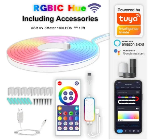 3 metre USB RGB magic colour LED neon light strip with remote control on white background