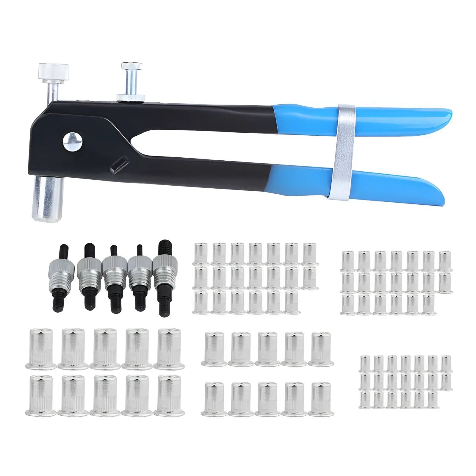 Manual alloy steel riveter nut set with rivet nuts and adapters from a 86-piece or 106-piece kit