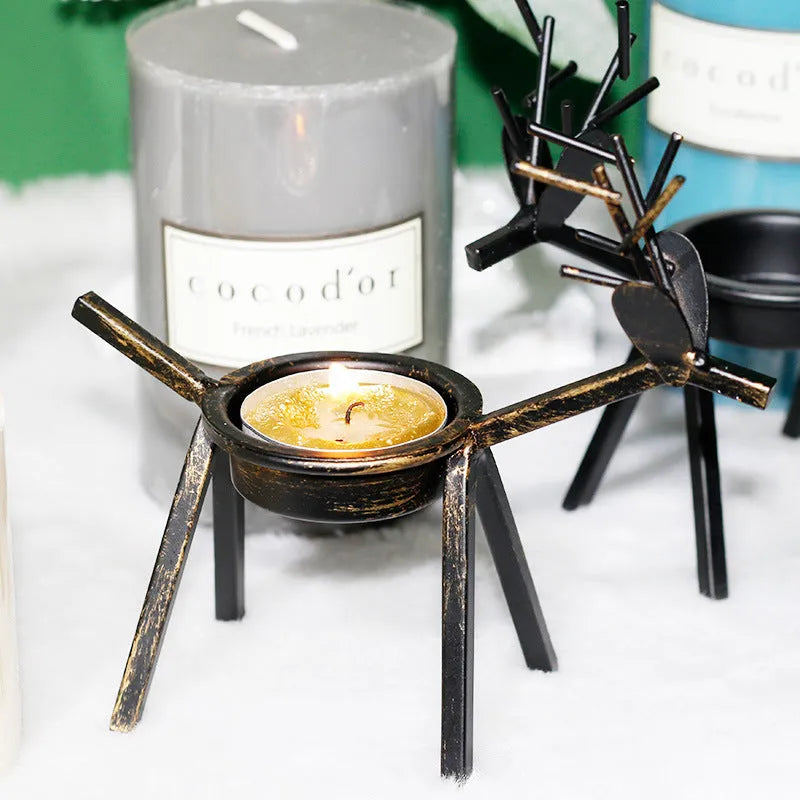 Black iron Christmas deer candlestick holder with Santa Claus and snowman decoration