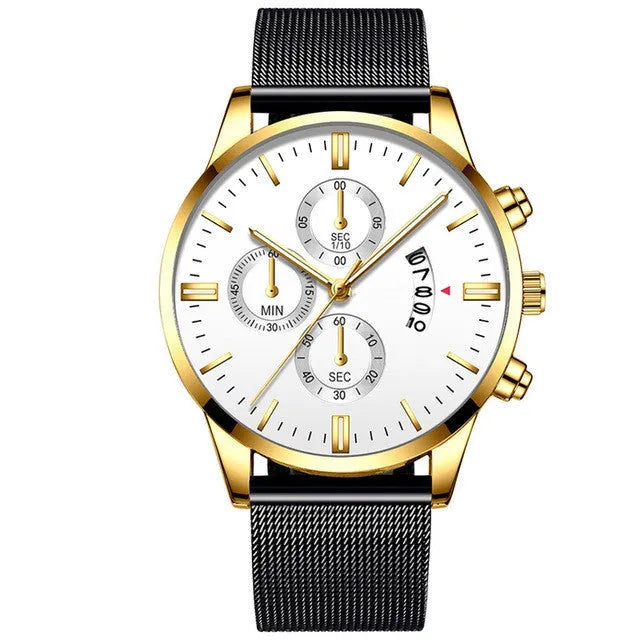 Men's stainless steel mesh band quartz watch with analog display and 4.2cm case.