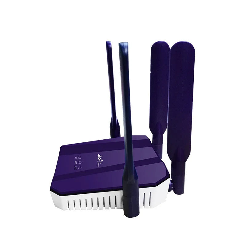 Blue 4G dual-mode wireless wired router with four external antennas.