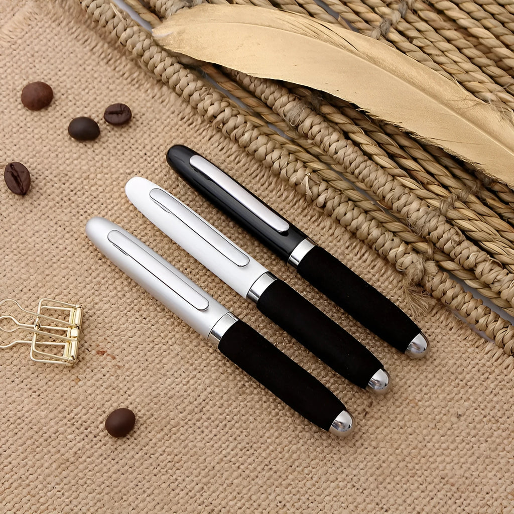 EVA metal cap mini ballpoint pen in silver showing compact 112mm size and bullet tip.