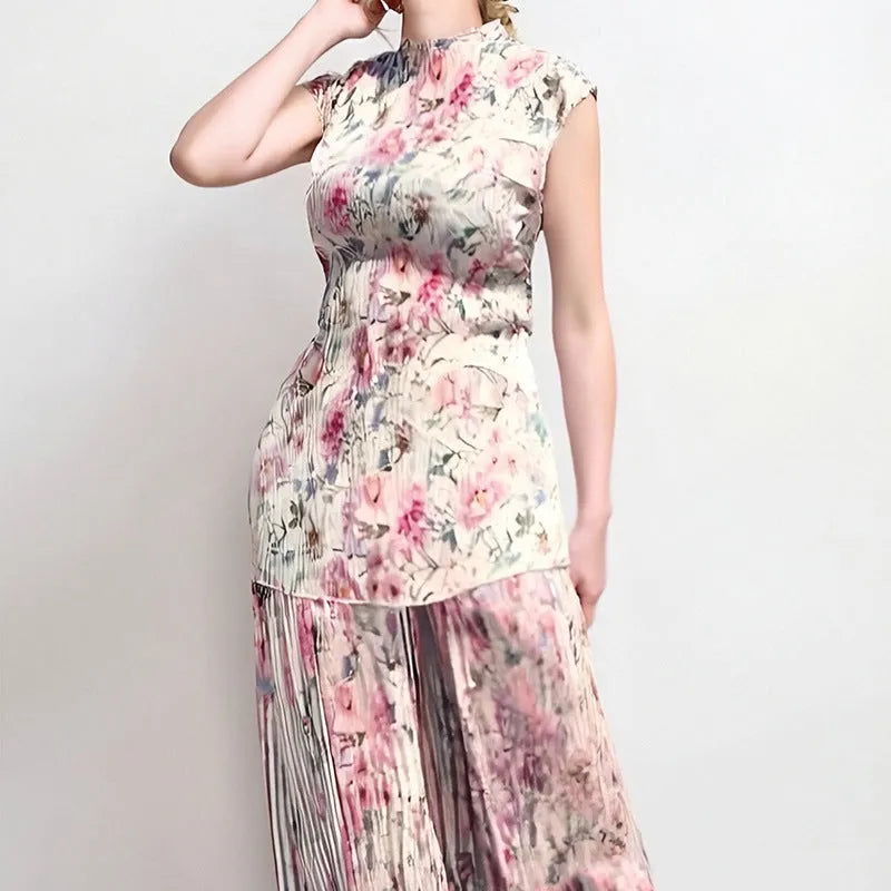 Women's long sleeve printed chiffon dress set with high waist skirt and matching top.