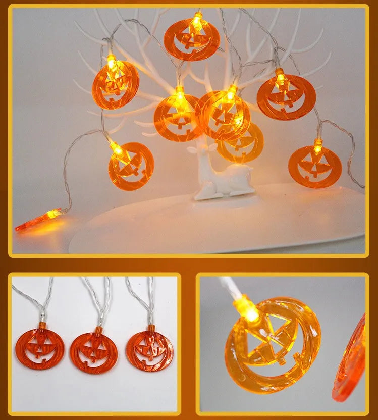 Halloween LED string lights with pumpkin, ghost, bat, and spider pendants measuring 1.2 metres