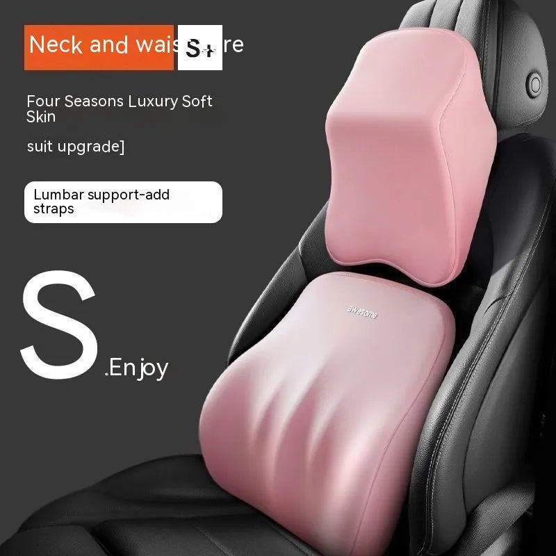 Memory foam car pillow set showing black headrest pillow and lumbar support pillow on a car seat