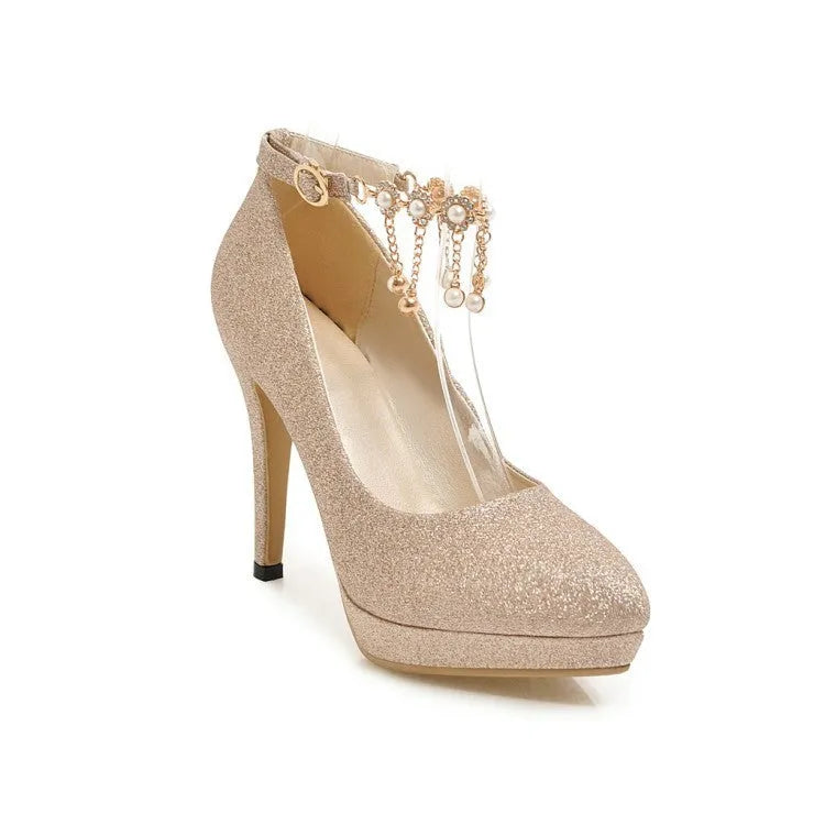 Women's solid colour platform high heels with stiletto heel in blue, pink, gold, and silver.