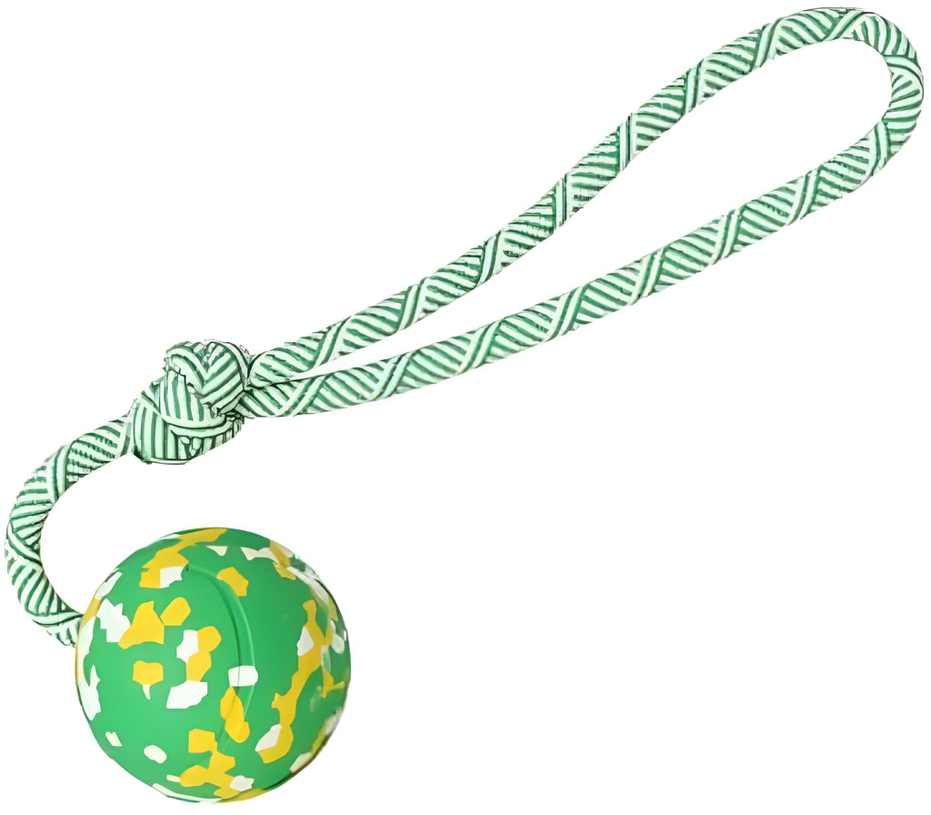 Natural rubber dog ball attached to a blue nylon rope for fetch and tug-of-war play.