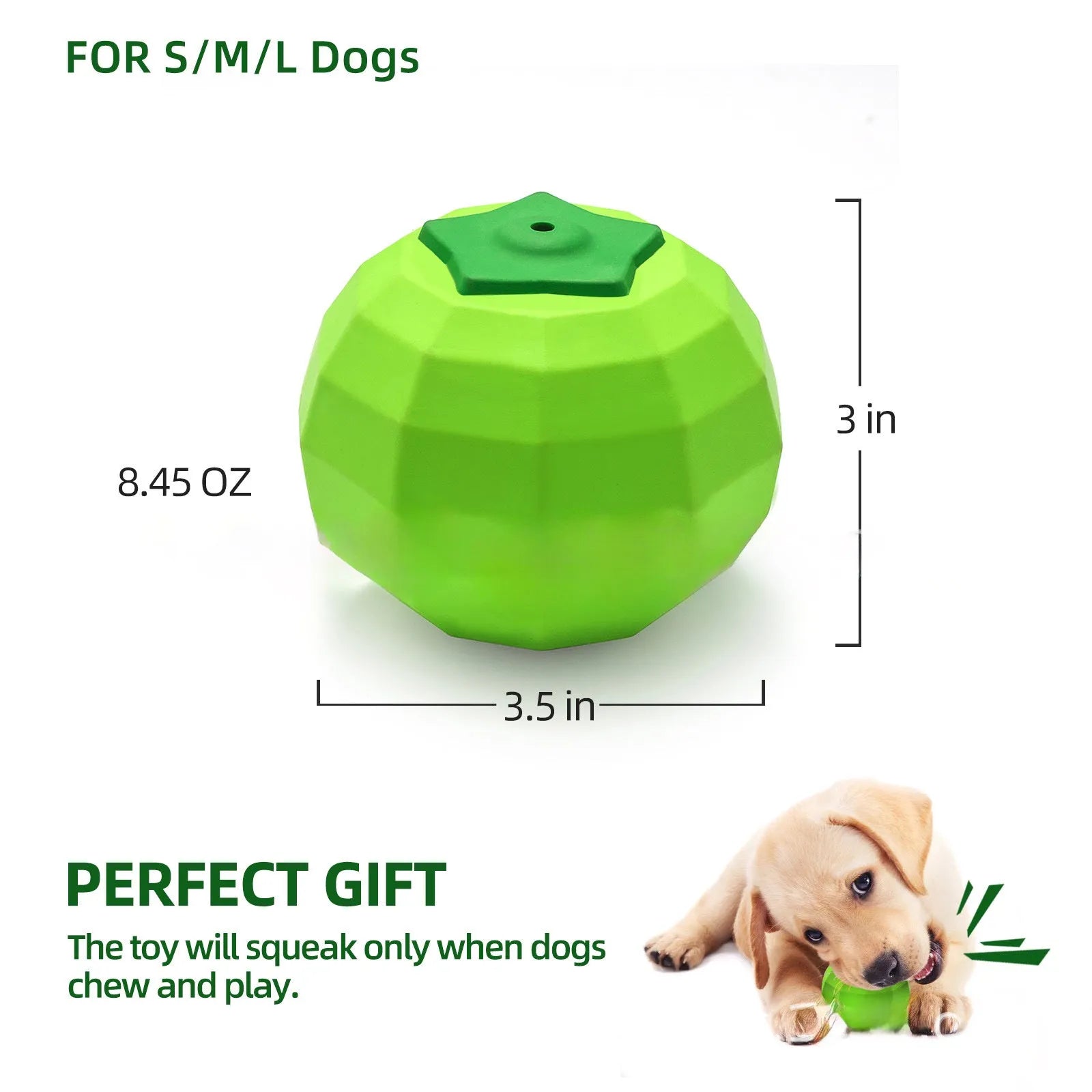 Green natural rubber squeaky dog chew ball for large dogs on a white background.
