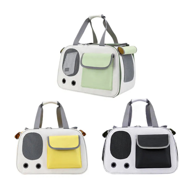 Yellow foldable canvas pet shoulder bag with large capacity and a single shoulder strap.