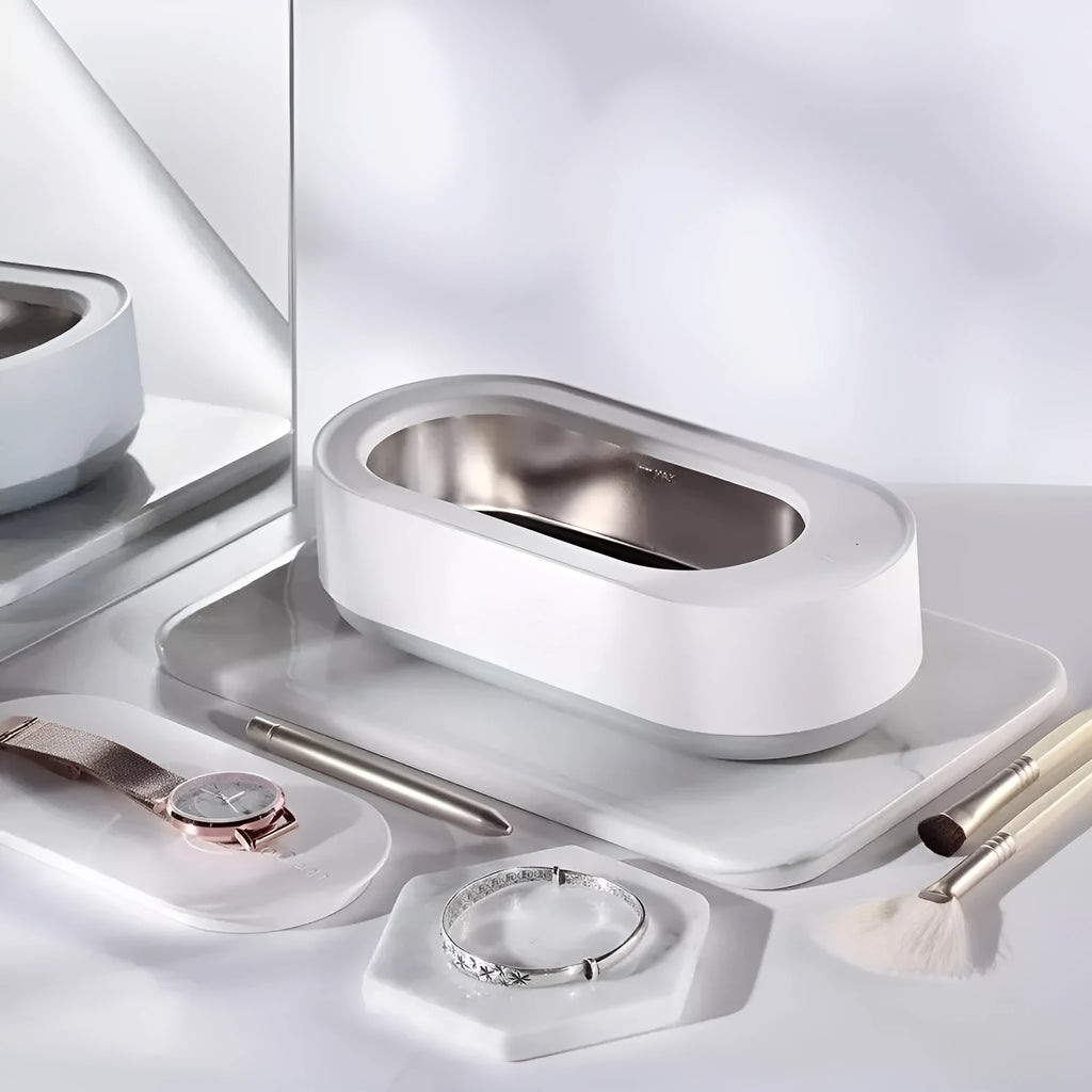 White portable ultrasonic cleaning machine with touch button and stainless steel tank.