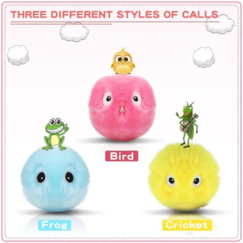Interactive cat toy ball in blue, pink, or yellow colours with 55mm diameter and smart trigger for animal sounds