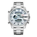 Men's double display LED alarm watch with stainless steel strap and 55mm round alloy case