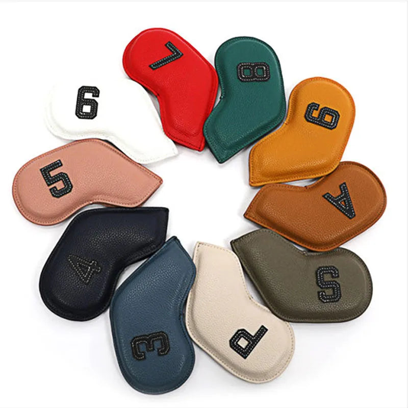 Set of 10 digitally printed PU golf club head covers in various colours