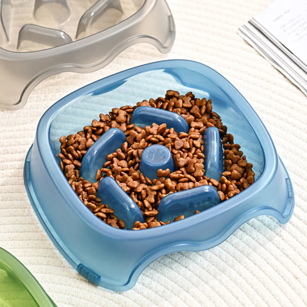 Dog slow feeder bowl with anti-choking maze pattern in BPA-free plastic available in four colours