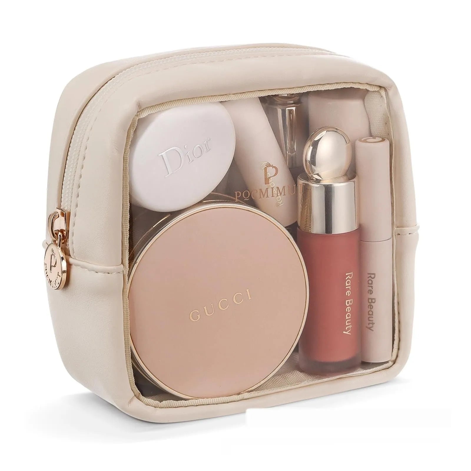 Leather trim transparent PVC cosmetic bag with waterproof construction, expansion storage, and dry wet separation, pink portable size