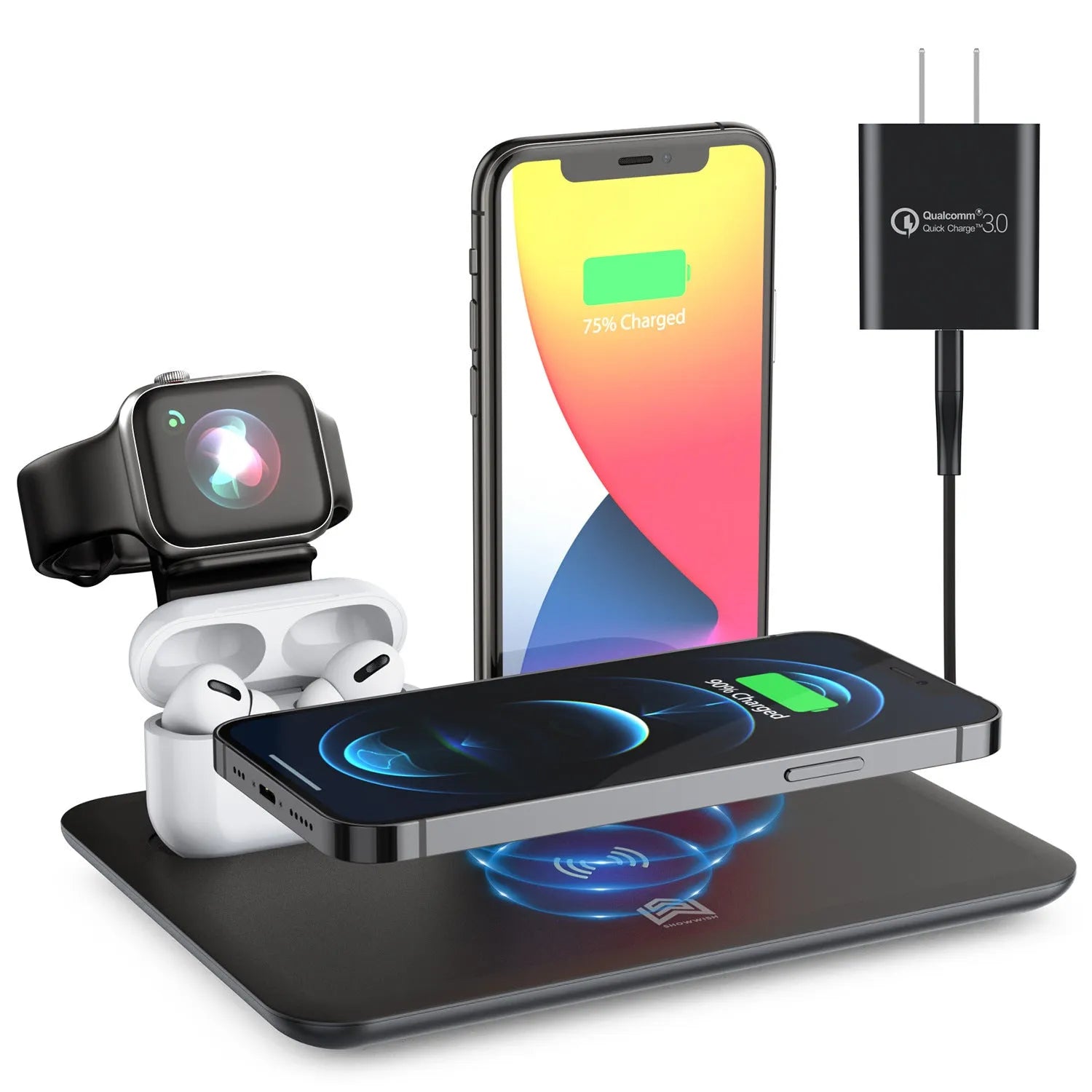 Black and white desktop wireless charging station for phone watch headphones with USB ports