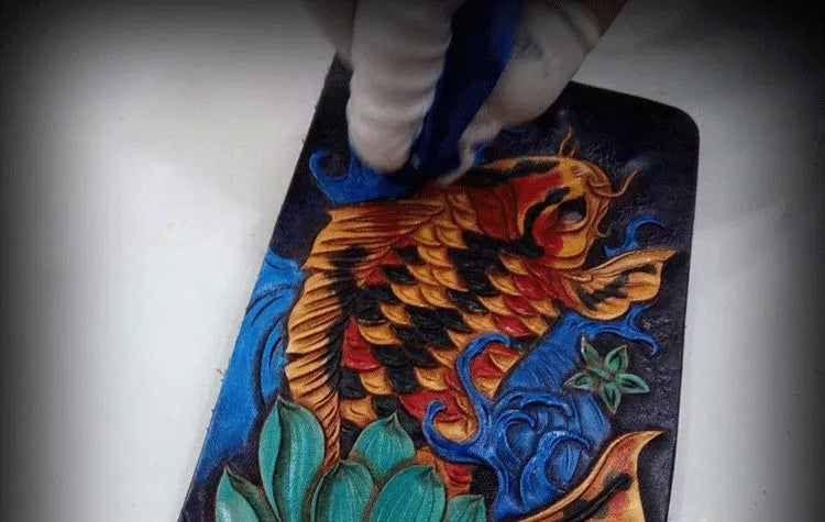 Men's manually carved cow leather short wallet in blue colour showing open closure design
