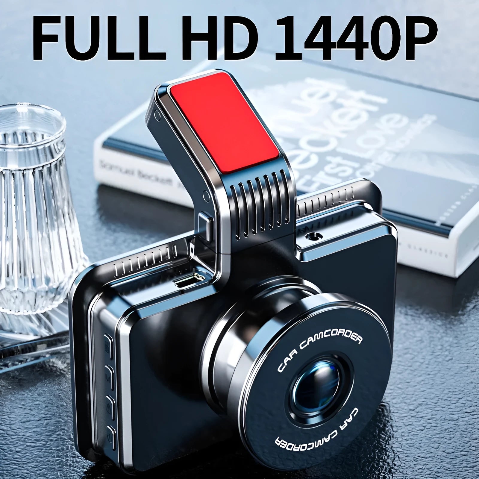 3-inch car DVR with dual lens recording system showing front unit and separate camera for rear recording
