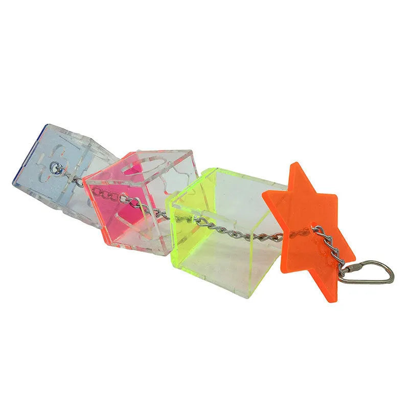 Clear acrylic parrot foraging toy measuring 5x5x32cm with food inside for bird enrichment