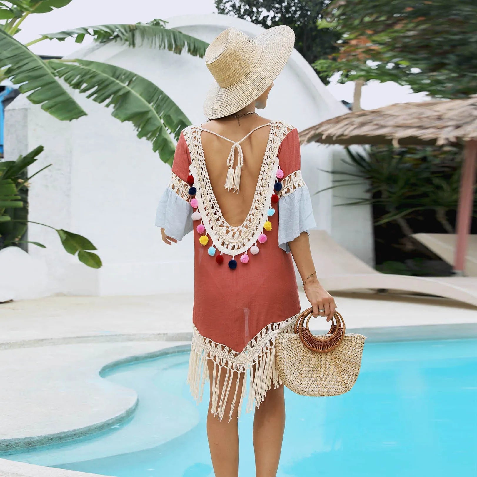 Orange floral beach overskirt with hand crochet stitching and bamboo cotton tassel details