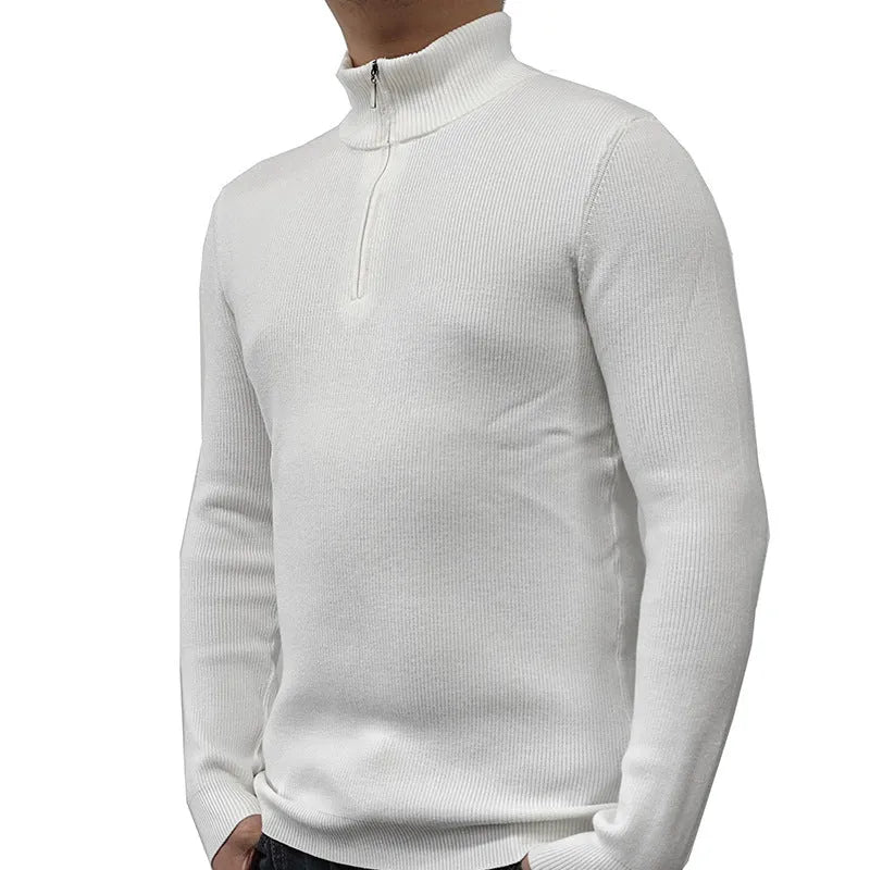 Men's black half-turtleneck zip-front sweater made from cotton blend fabric.