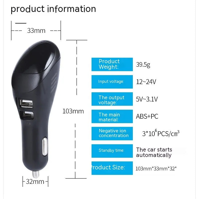 White car USB charger with negative ion purifier for cigarette lighter socket